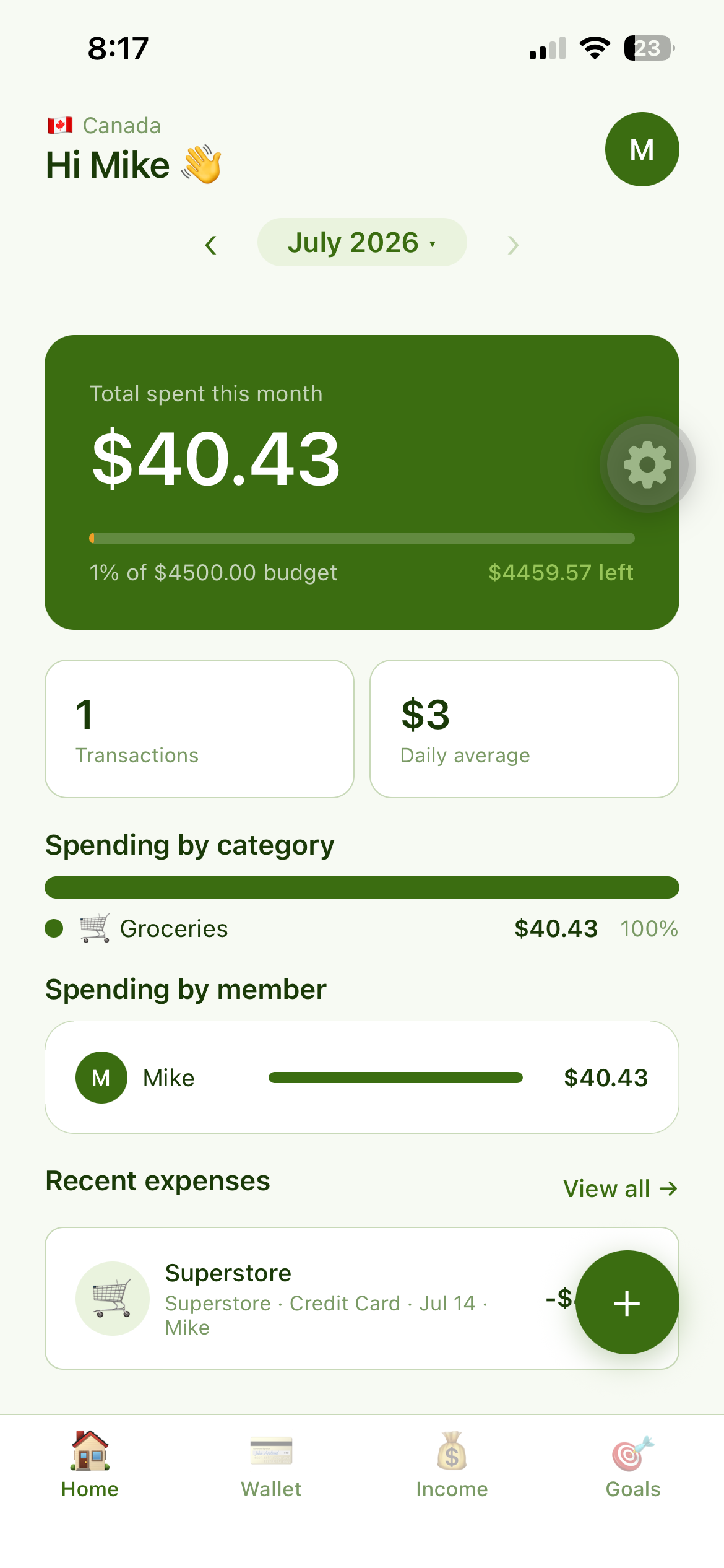 PennyHub app screenshot showing monthly budget dashboard